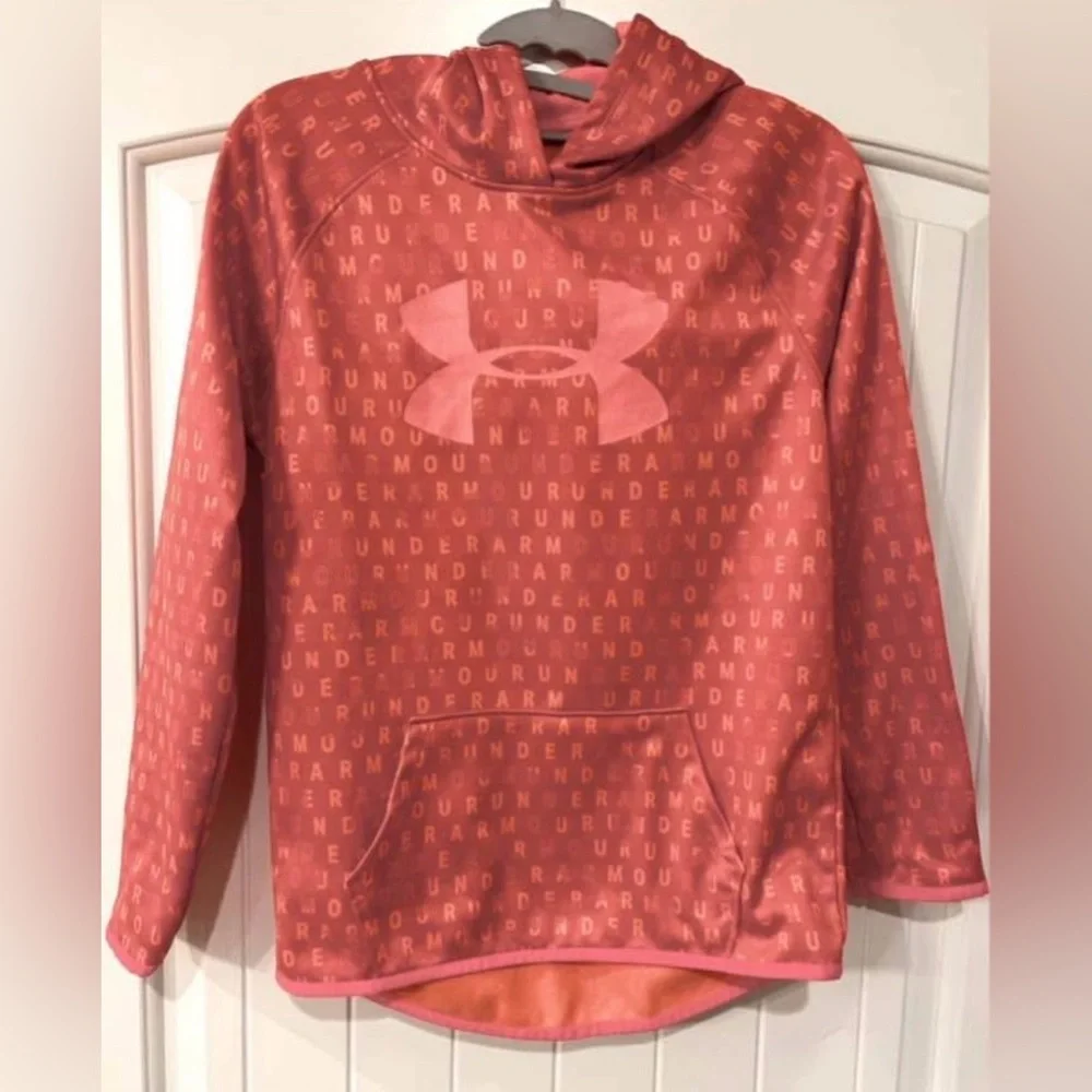 UNDER ARMOUR -   All Over Print Fleece Hoodie- youth size large- salmon color